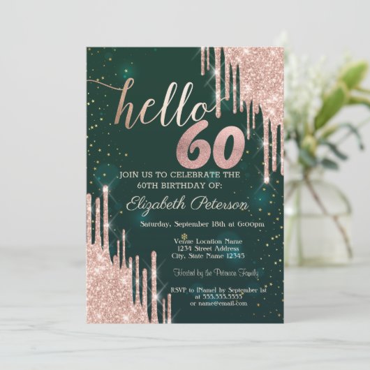 Invitation Rose moderne Parties scintillant or Drips Vert 60e (Debout devant)