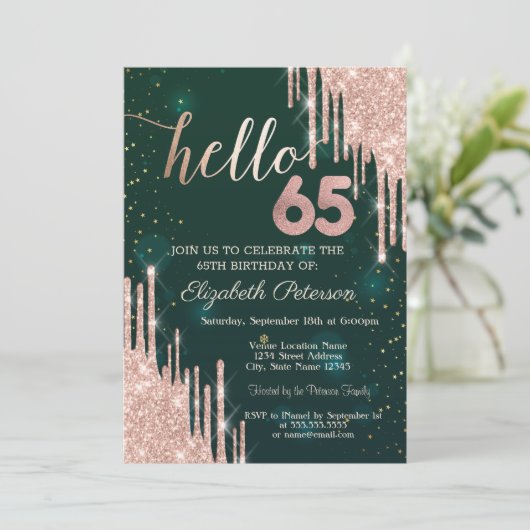Invitation Rose moderne Parties scintillant or Drips Vert 65e (Debout devant)
