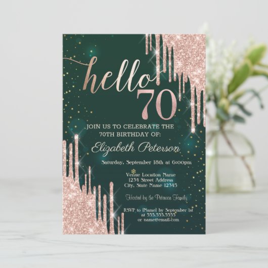 Invitation Rose moderne Parties scintillant or Drips Vert 70e (Debout devant)