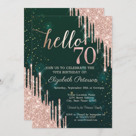 Invitation Rose moderne Parties scintillant or Drips Vert 70e (Devant / Derrière)