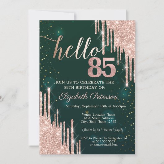 Invitation Rose moderne Parties scintillant or Drips Vert 85e (Devant)