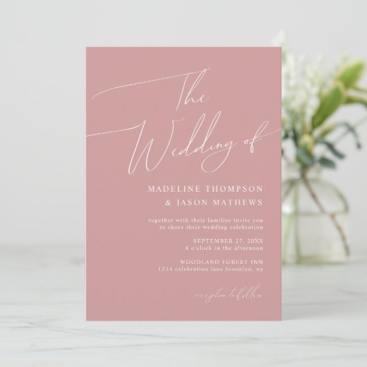 Invitation Rose moderne simple Dusty Pink Script Le Mariage (Debout devant)