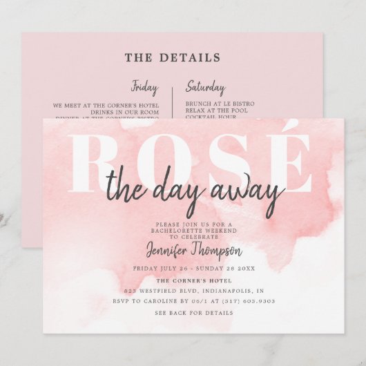 Invitation Rosé moderne toute la journée Blush Bachelorette W (Devant / Derrière)