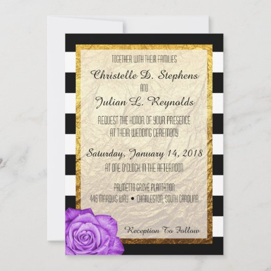 Invitation Rose moderne violet  Faux Gold Foil Mariage rayé (Devant)