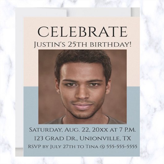 Invitation Rose modifiable et photo bleu mer Anniversaire