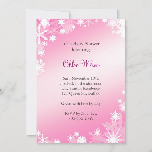 Invitation rose molle de baby shower de flocons de (Devant)