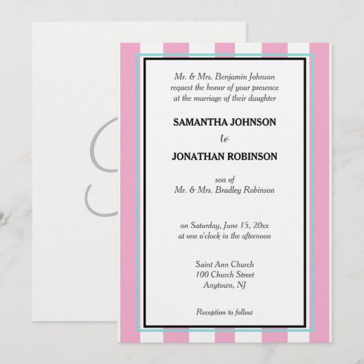 Invitation Rose Monogramme Bleu Turquoise Blanc Rayures (Devant / Derrière)