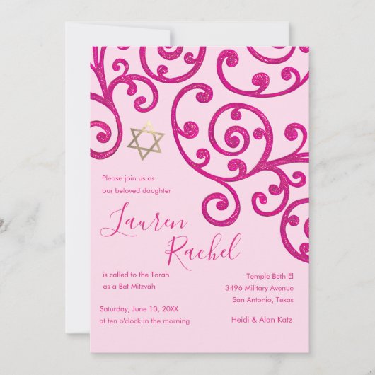 Invitation rose Motif bat mitzvah Scroll (Devant)