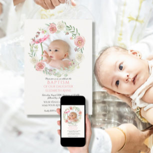 Invitation Rose n ivoire Roses Wreath Baptême infantile Bébé 