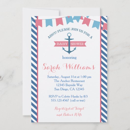 Invitation Rose nautique et bleu d'invitation de baby shower (Devant)