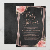 Invitation Rose noir Baby shower géométrique Floral or (Devant / Derrière)