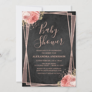 Invitation Rose noir Baby shower géométrique Floral or
