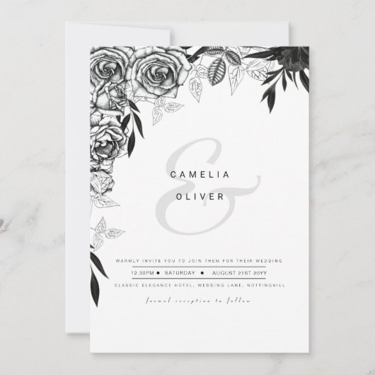 Invitation Rose noir blanc Goth imprimé ou Mariage numérique (Devant)