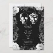 Invitation Rose noir blanc squelette crâne Mariage gothique (Devant)