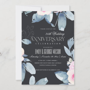 Invitation ROSE NOIR BLEU FLORAL 25e ANNIVERSAIRE TOUTE ANNÉE