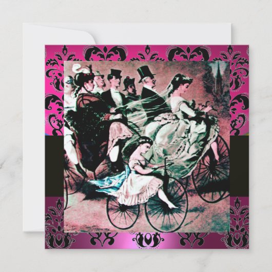 Invitation ROSE, NOIR, DAMAS MONOGRAMME VIOLET, blanc, fuchsi (Devant)