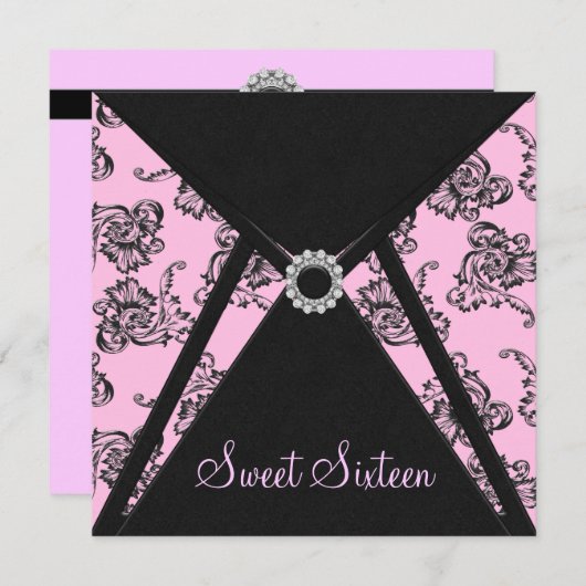 Invitation Rose Noir Damask Doux 16 Partie (Devant / Derrière)