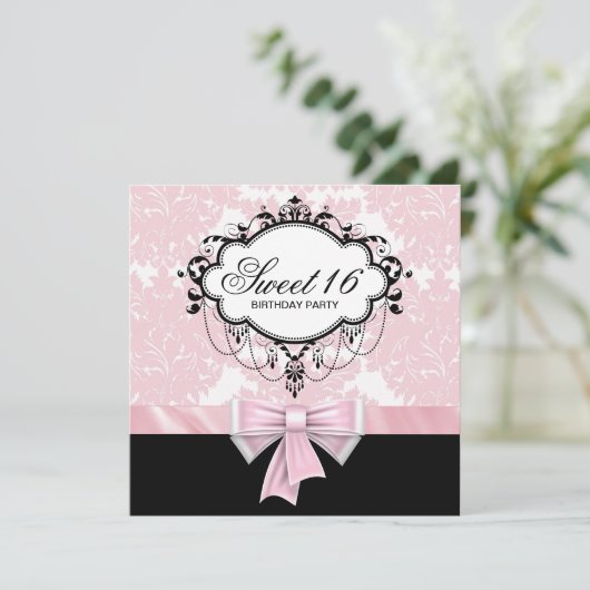 Invitation Rose Noir Damask Sweet 16 Anniversaire (Debout devant)