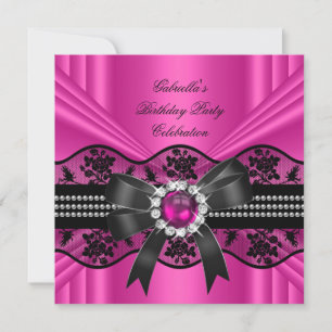Invitation Rose Noir Dentelle Perle Élégante Fête d'Anniversa