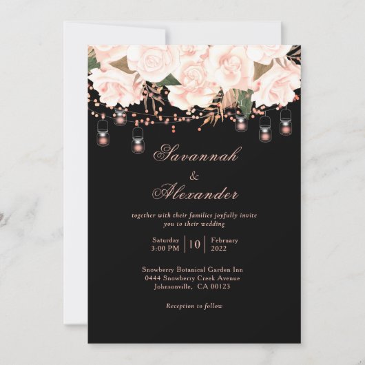 Invitation Rose noir et blanc Floral String Mariage (Devant)