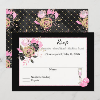 Invitation Rose, noir et or floral Rsvp.