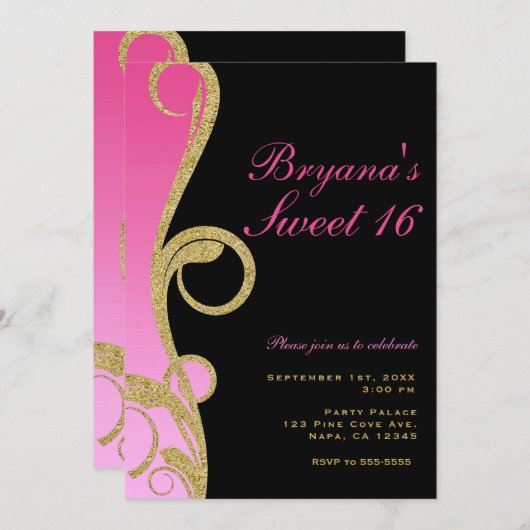 Invitation Rose Noir et Or Moderne Tourbillon Fête Douce 16 A (Devant / Derrière)