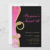 Invitation Rose Noir et Or Moderne Tourbillon Fête Douze Ans (Devant)