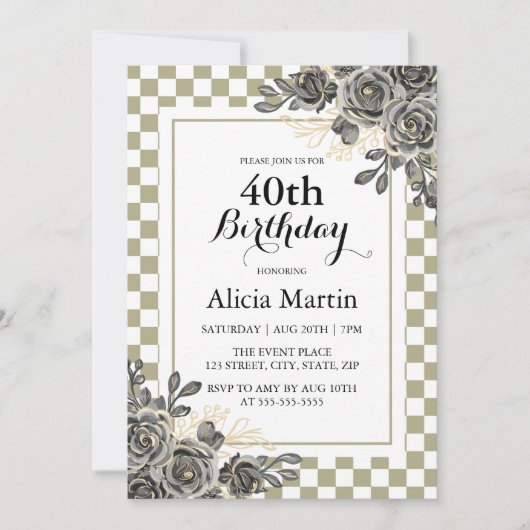 Invitation Rose noir Flora Sage & blanc À damiers Anniversair (Devant)