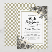 Invitation Rose noir Flora Sage & blanc À damiers Anniversair (Devant / Derrière)