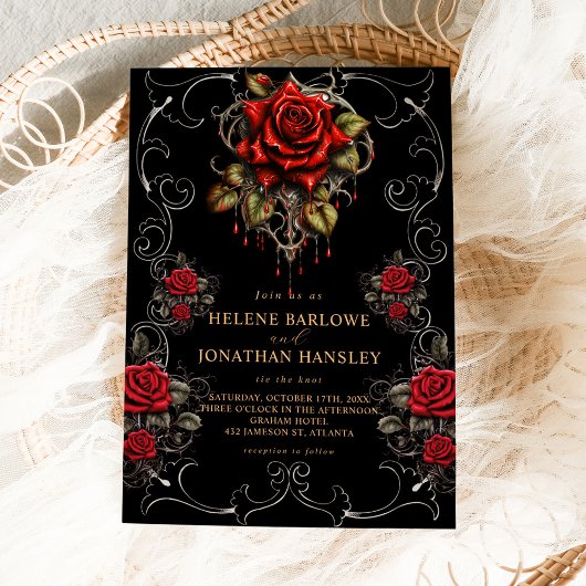 Invitation Rose noir floral Moody Mariage gothique 