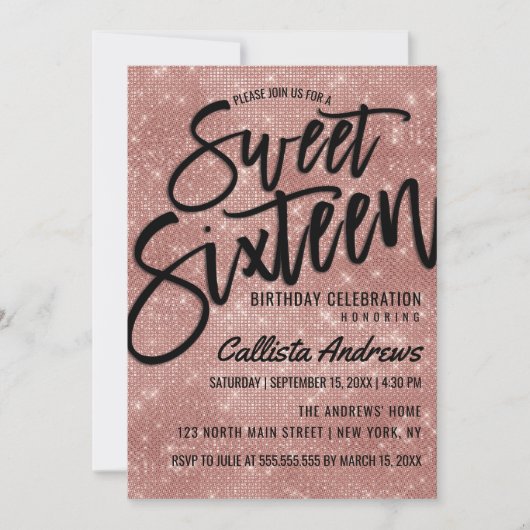 Invitation Rose noir glamour Parties scintillant d'or Sequins (Devant)