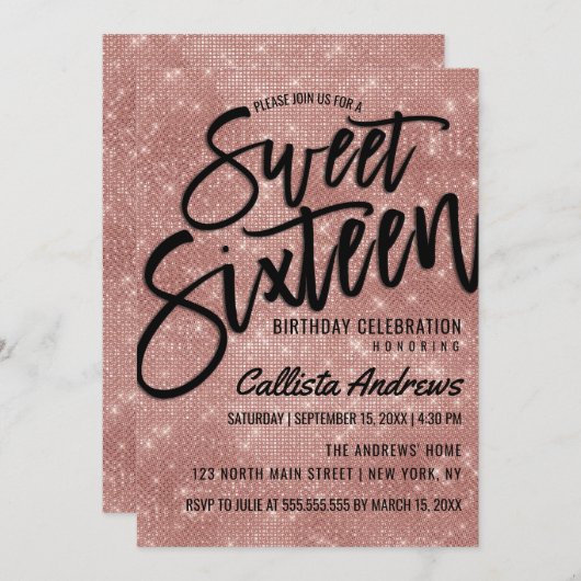 Invitation Rose noir glamour Parties scintillant d'or Sequins (Devant / Derrière)