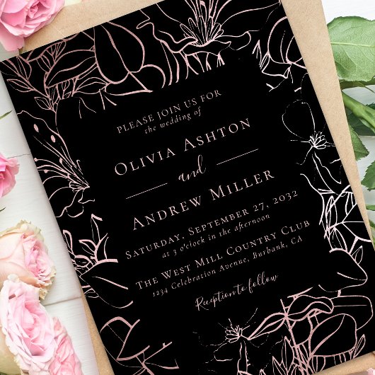 Invitation Rose noir Mariage Floral or