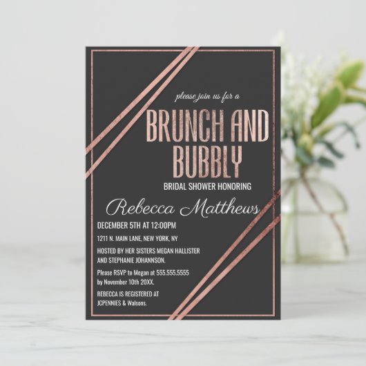 Invitation Rose Noir Moderne Gold Chic Brunch Linear Bubbly (Debout devant)