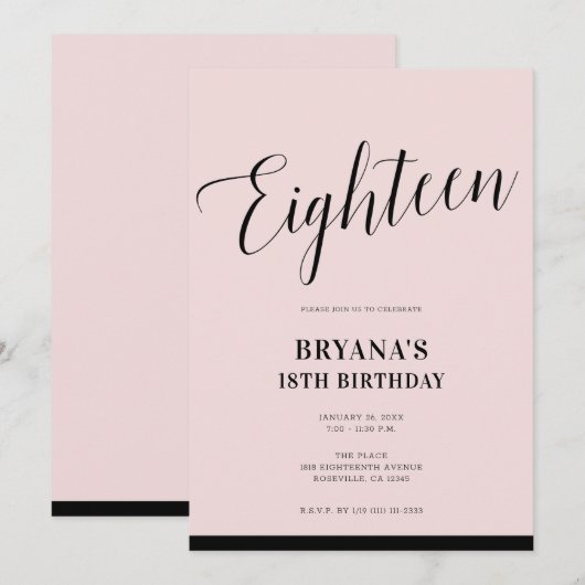 Invitation Rose Noir Moderne Minimal Script Dix-Huit 18 18ème (Devant / Derrière)