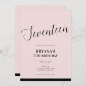 Invitation Rose Noir Moderne Minimal Script Dix-Sept 17 17ème (Devant / Derrière)