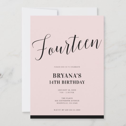Invitation Rose Noir Moderne Minimal Script Quatorze 14 14ème (Devant)