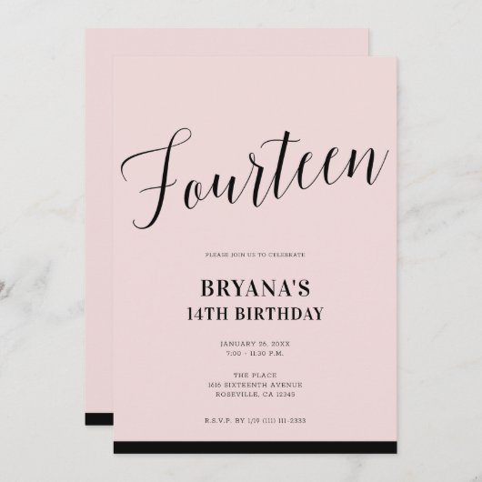 Invitation Rose Noir Moderne Minimal Script Quatorze 14 14ème (Devant / Derrière)