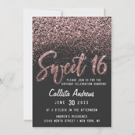 Invitation Rose noir moderne or distrait Parties scintillant (Devant)
