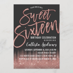 Invitation Rose noir moderne Parties scintillant or Typograph
