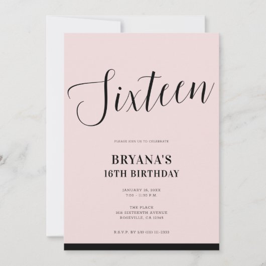 Invitation Rose & Noir Moderne Script doux 16 (Devant)
