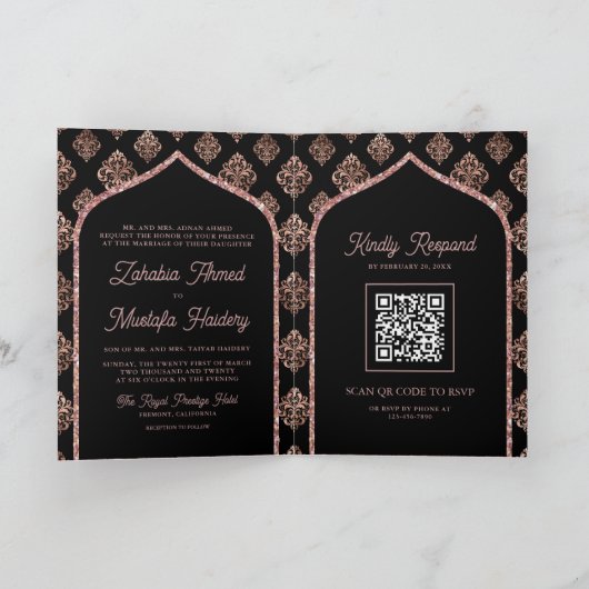 Invitation Rose noir or Damask Arch QR Code Musulman Mariage (Intérieur)