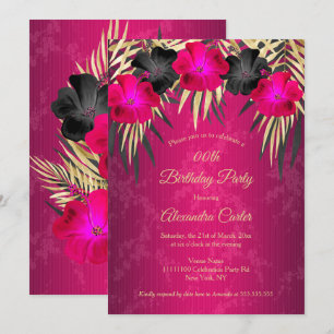 Invitation Rose Noir Or Palmiers Hibiscus Damassé Fête
