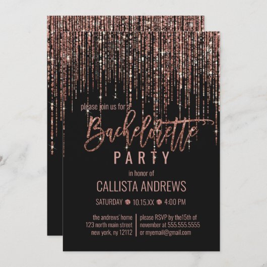 Invitation Rose noir Parties scintillant or Fringe Bacheloret (Devant / Derrière)
