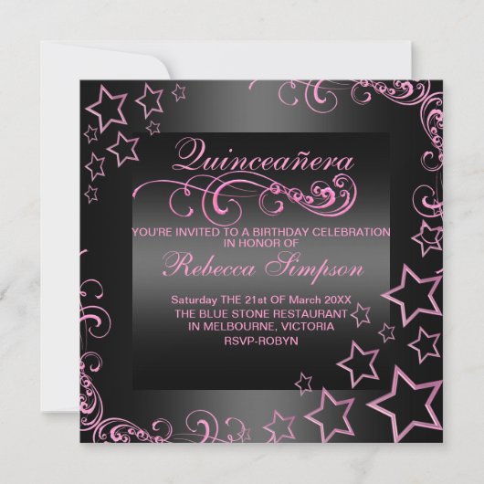Invitation rose/noir Quinceañera Star & Swirl (Devant)