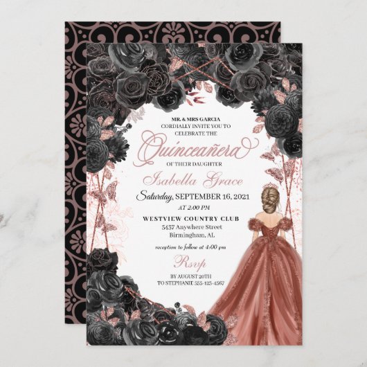 Invitation Rose noir  rose papillon Parties scintillant Quinc (Devant / Derrière)