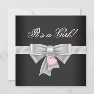 Invitation Rose Noir Ruban Cœur Rose Noir Baby Shower