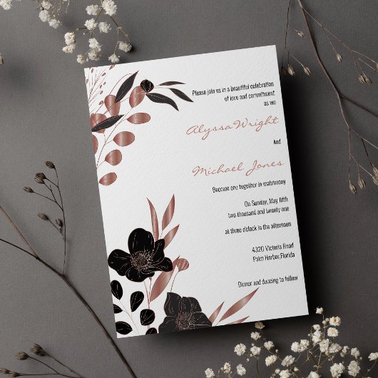 Invitation Rose noir sophistiqué Mariage glamour floral or 
