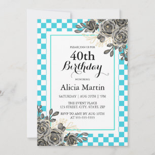 Invitation Rose noir Turquoise & Blanc À damiers Anniversaire