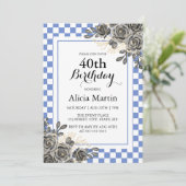 Invitation Rose noir violet bleu et blanc À damiers Anniversa (Debout devant)